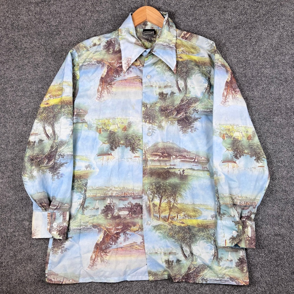 Vintage Ampersand Shirt Mens L Button Up Nature Abstract Art Disco Dagger 70s